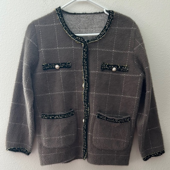 Gray elegant Trim Cardigan Sweater - Picture 1 of 6